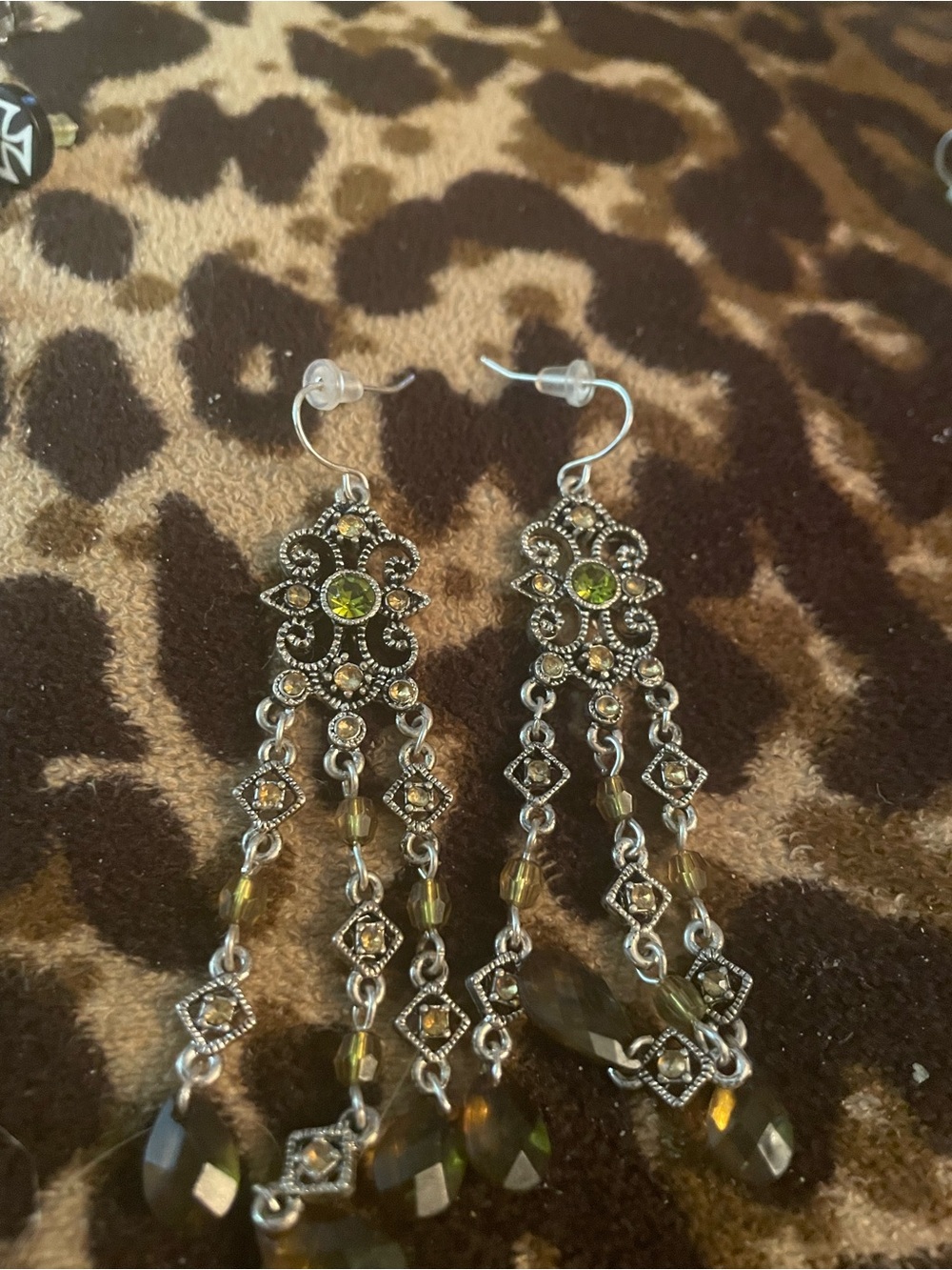 Silver-Tone Olive Green Dangle Chandelier Earrings
